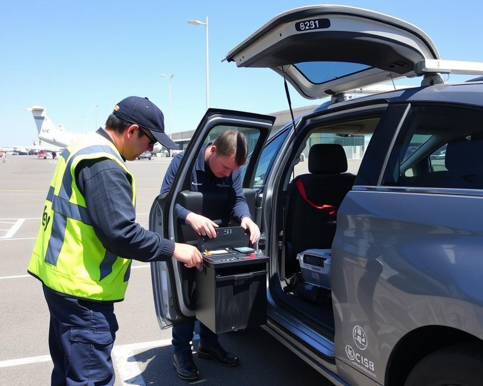 Jump start service technician helping customer at San Diego International Airport
