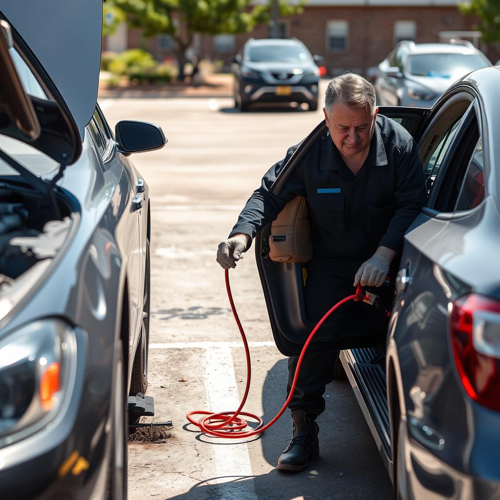Jump starting a dead battery in Fort Worth summer heat