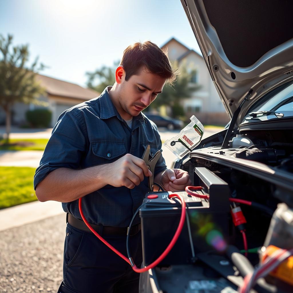 Jump starting a dead battery in Georgetown, Texas heat