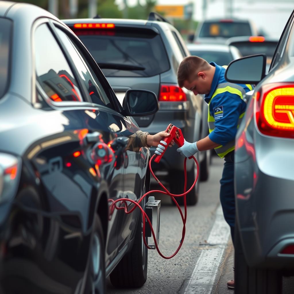 Jump starting a dead battery in Houston traffic