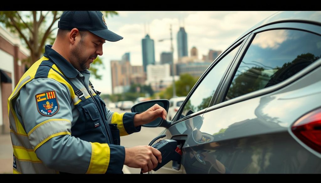 Local roadside assistance technician helping a customer in downtown Huntsville, Alabama