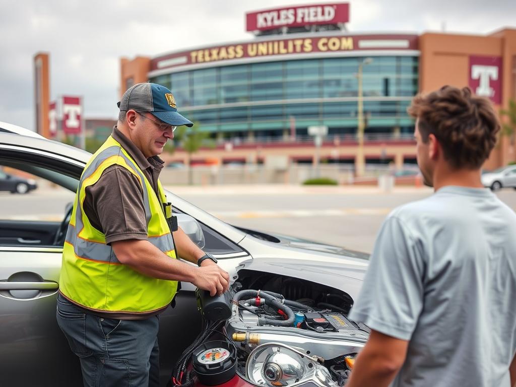 Local roadside assistance technician helping at Texas A&M campus