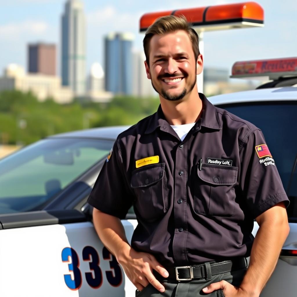 Local roadside assistance technician with Phenix City landmarks in background