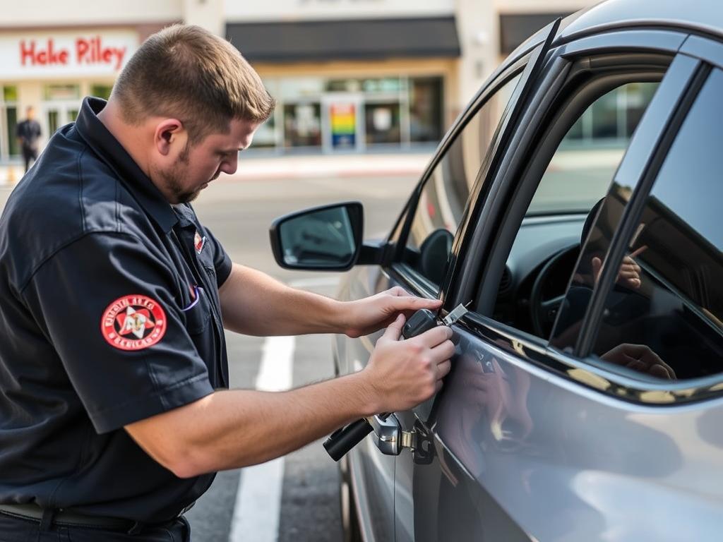 Locksmith specialist unlocking a car door at a Jurupa Valley shopping center