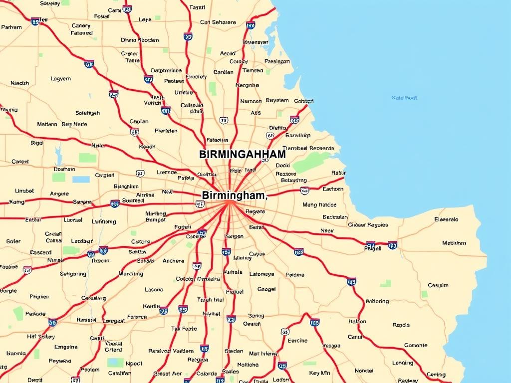 Map of Birmingham, Alabama highlighting major roadways where roadside assistance is commonly needed