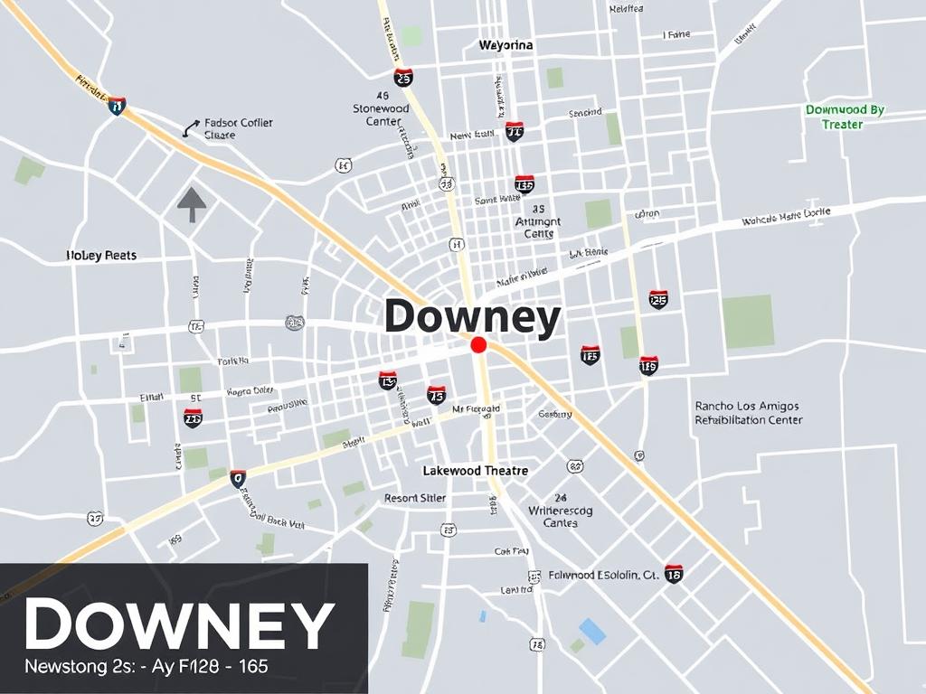 Map of Downey, California highlighting major roads and landmarks