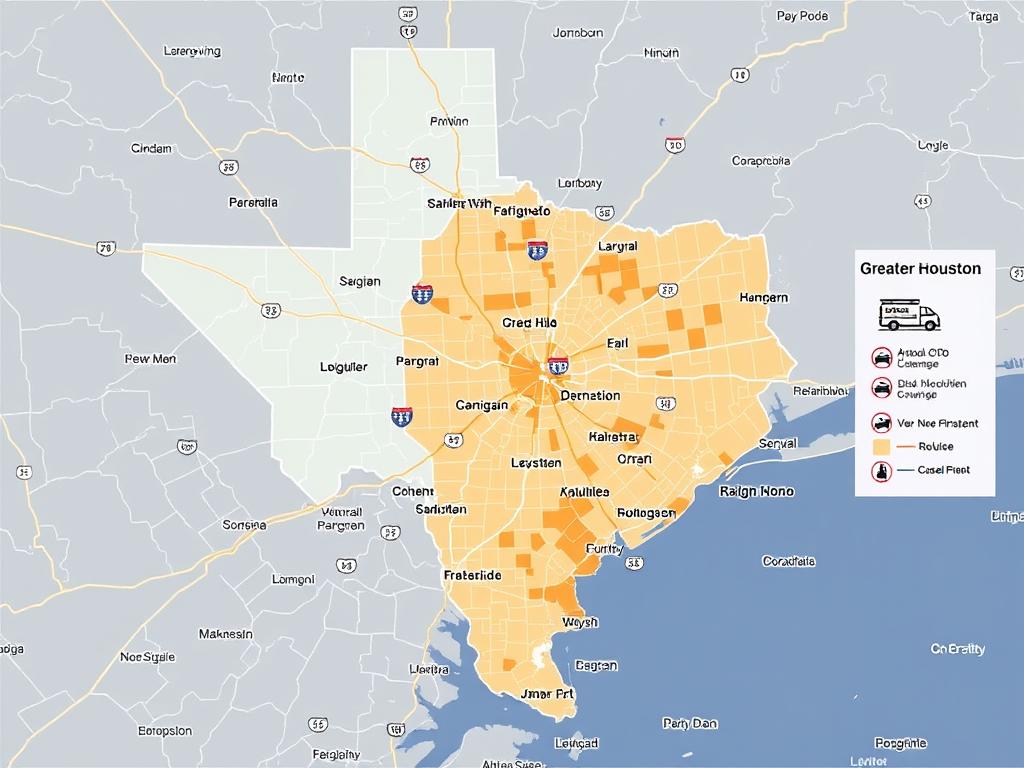 Map of Houston showing roadside assistance coverage areas