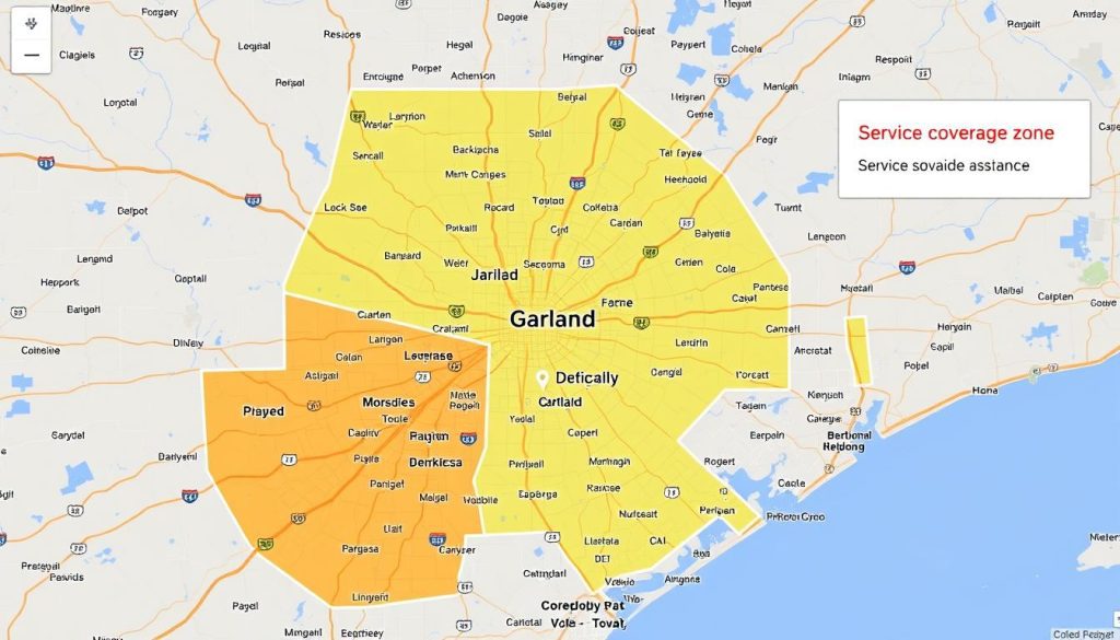 Map of roadside assistance coverage area in Garland, Texas