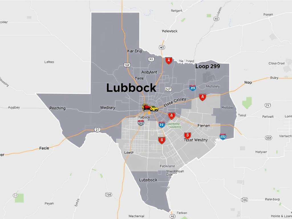 Map showing roadside assistance coverage area across Lubbock, Texas