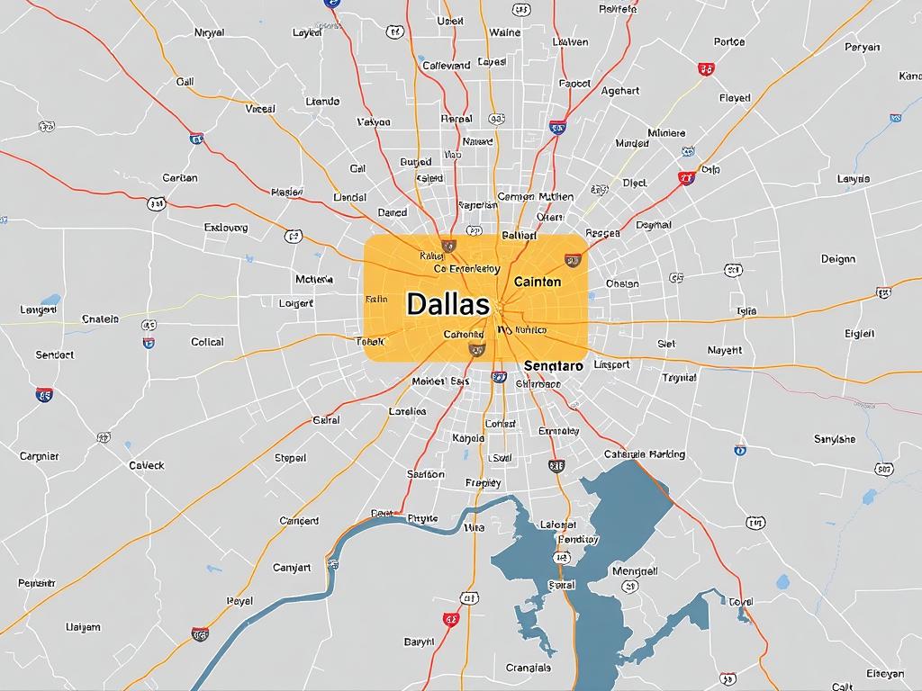 Map showing roadside assistance coverage areas in Dallas, Texas