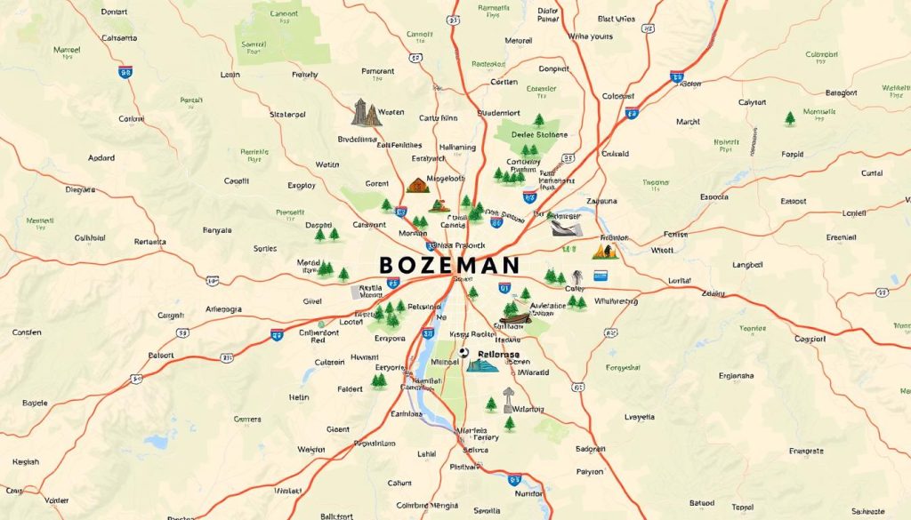 Map showing service area for cheap $50 towing service in Bozeman, Montana