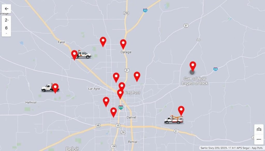Map showing tow truck locations near Beloit, Wisconsin