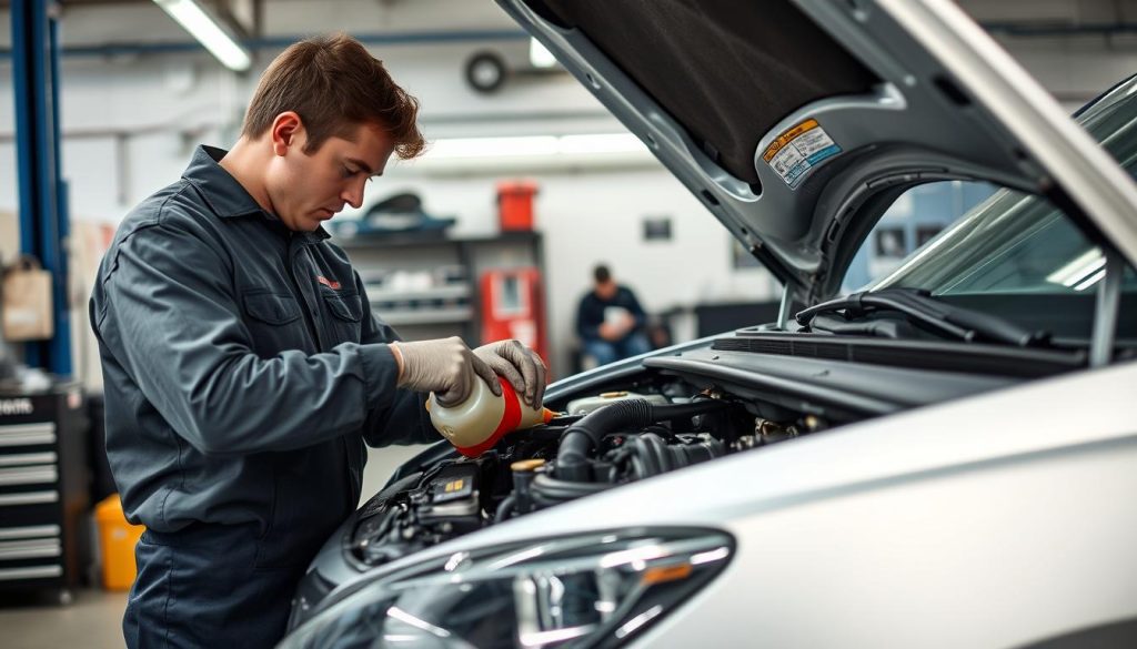 Mechanic performing preventative maintenance on a vehicle in Huntsville, Alabama