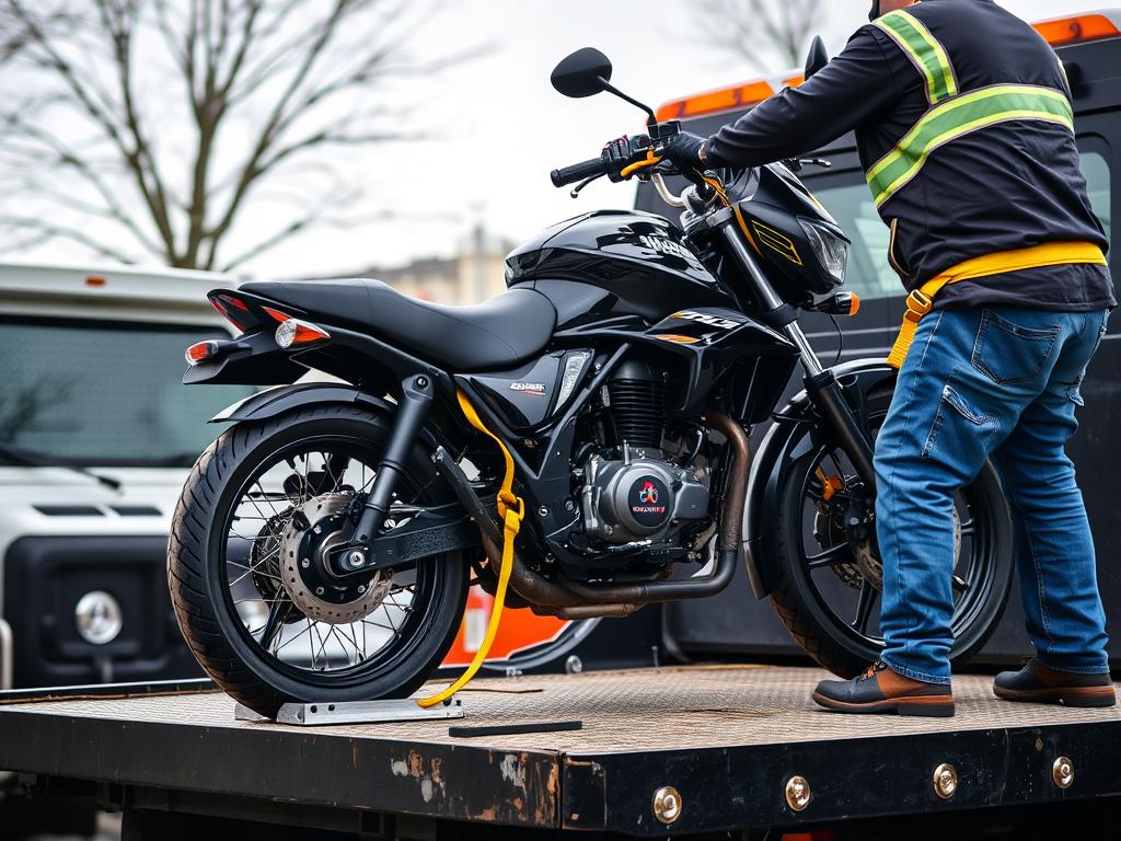 Motorcycle being secured for $50 towing in Akron, Ohio