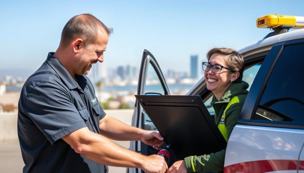 Professional jump start service technician helping customer in San Diego