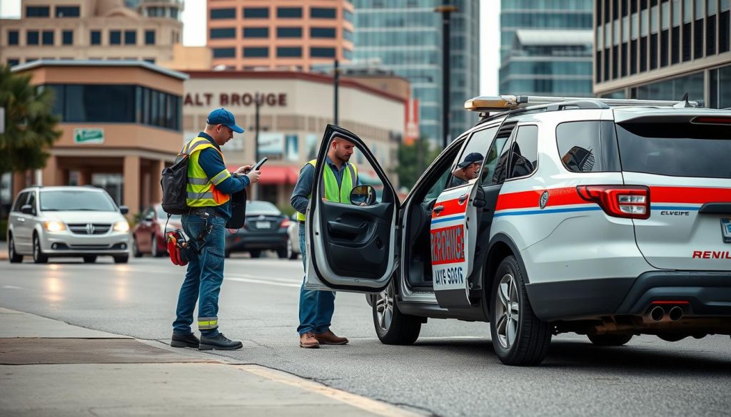 Professional roadside assistance team helping motorist in downtown Baton Rouge