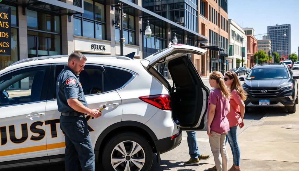 Professional roadside assistance team in Huntsville helping with vehicle lockout service