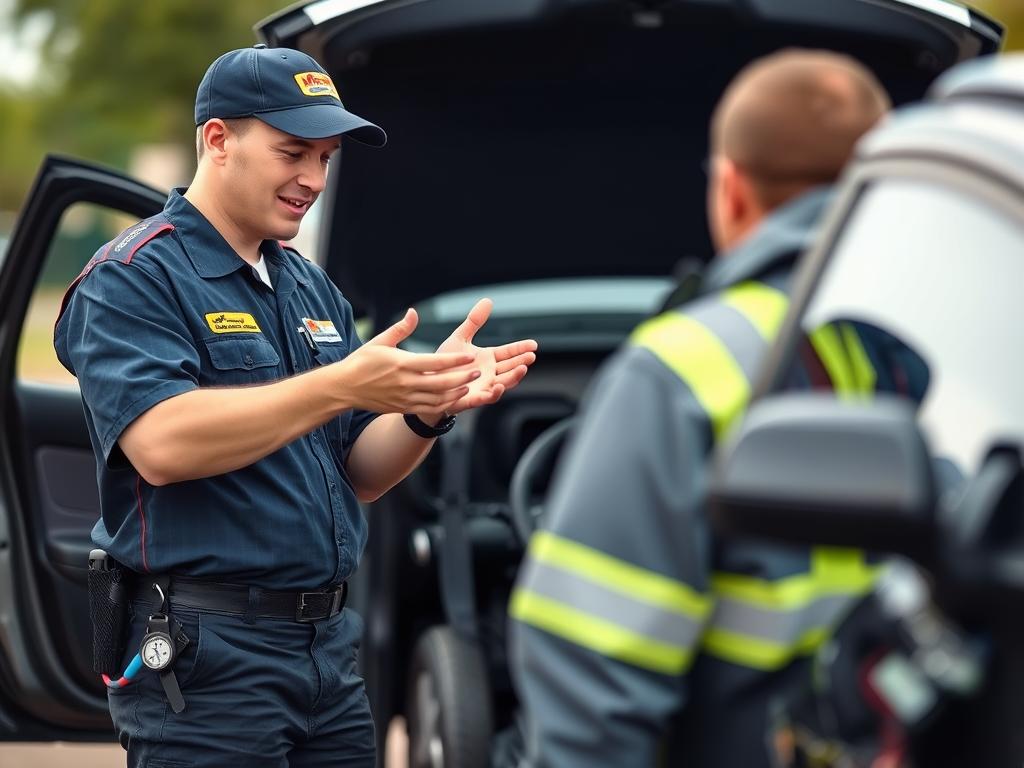 Professional roadside assistance technician in Garland helping customer