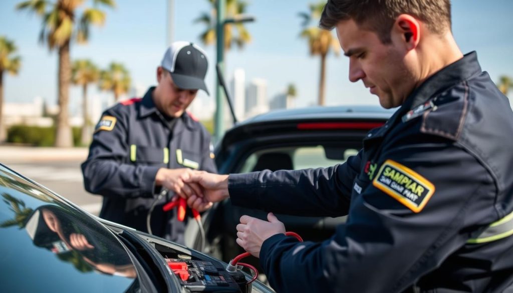 Professional technician performing jump start service in San Diego