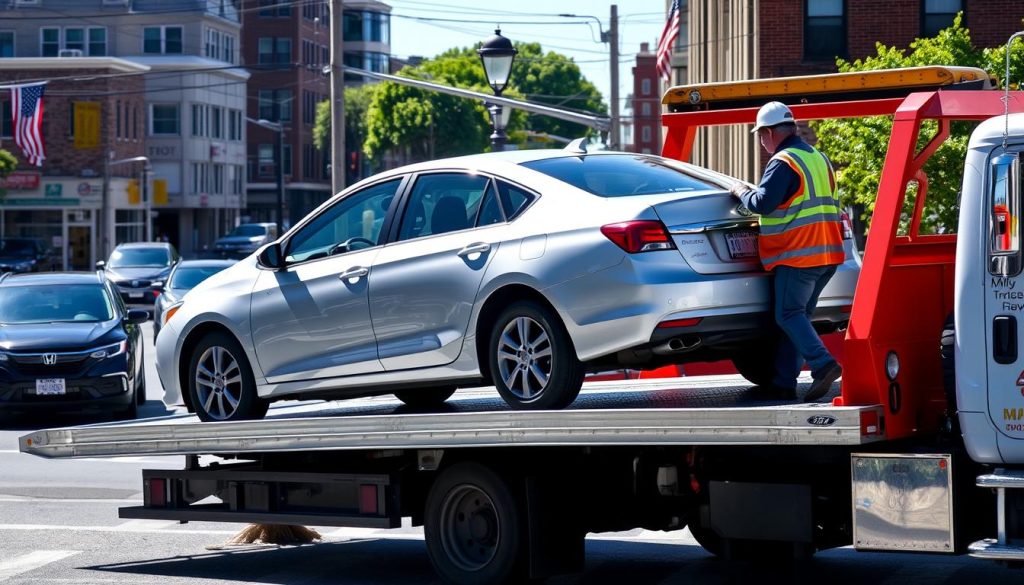 Professional tow truck service in Brockton loading a vehicle