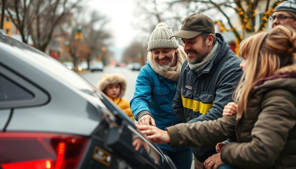 Roadside assistance team helping family during holiday travel in New Braunfels, Texas