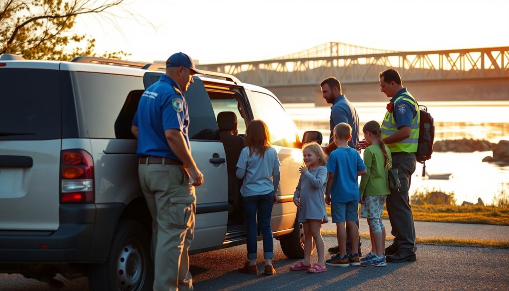 Roadside assistance team helping stranded motorist near Tennessee River in Decatur, Alabama