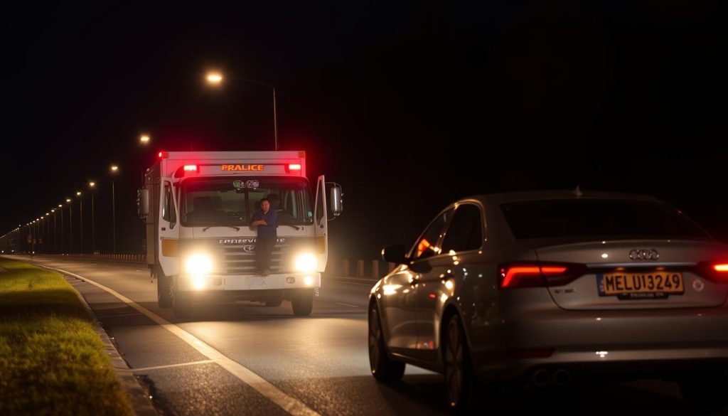 Roadside assistance technician arriving quickly to help a stranded motorist in Hoover at night