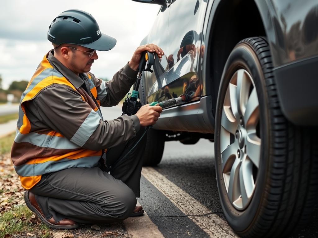 Roadside assistance technician changing a flat tire in Birmingham, Alabama