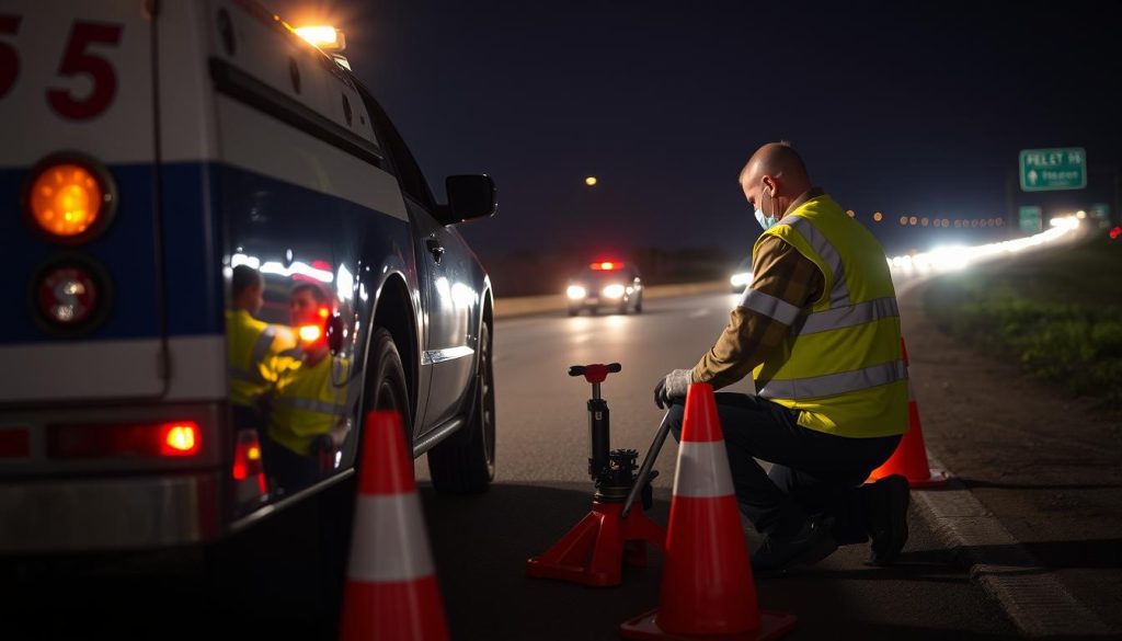 Roadside assistance technician changing a flat tire on I-45 near Huntsville at night