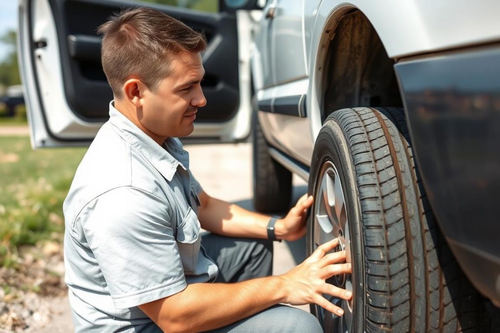 Roadside assistance technician changing a tire during a hot Texas day in Bryan