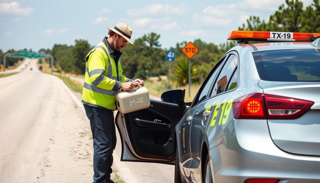 Roadside assistance technician delivering fuel to a stranded motorist on TX-19 near Huntsville