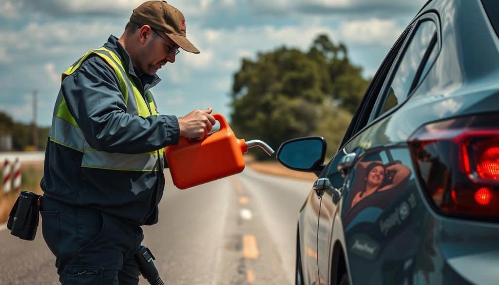 Roadside assistance technician delivering fuel to stranded motorist in New Braunfels