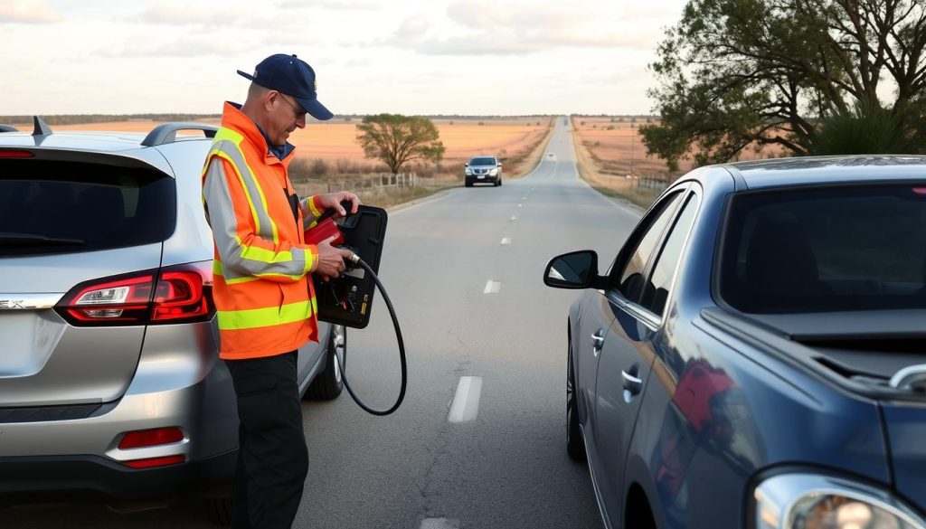 Roadside assistance technician delivering fuel to stranded motorist in Rockwall