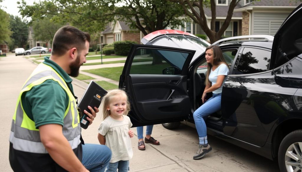 Roadside assistance technician helping a family with their vehicle in Rockwall