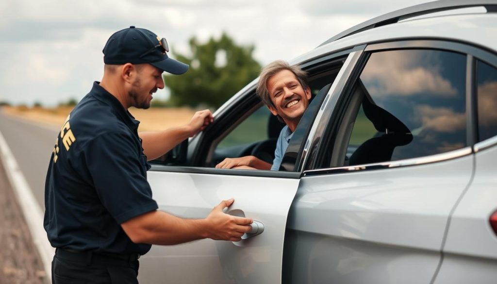 Roadside assistance technician helping a relieved driver in Bryan, Texas