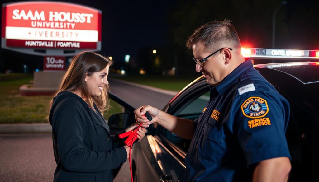Roadside assistance technician helping a stranded motorist near Sam Houston State University in Huntsville, Texas