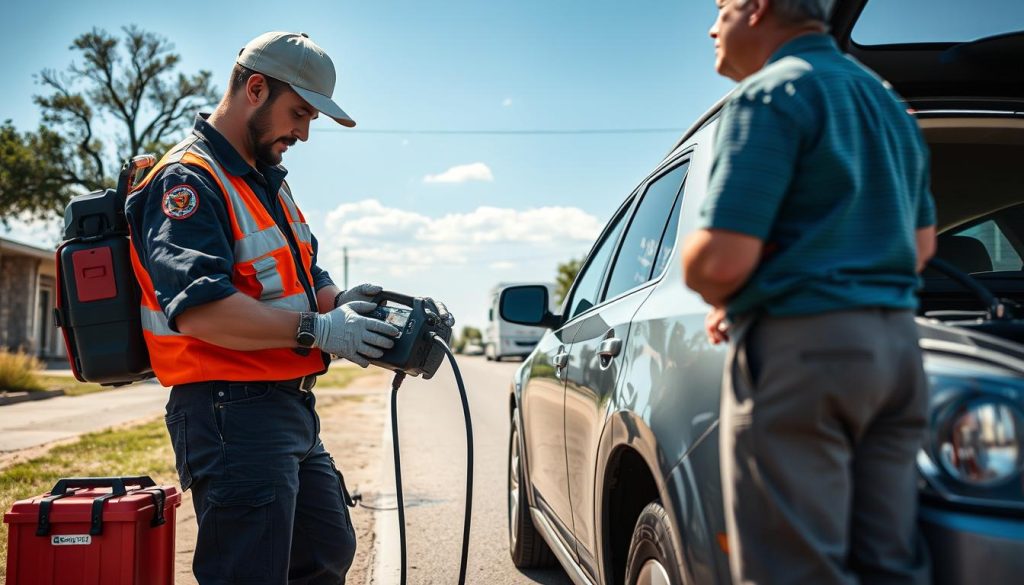 Roadside assistance technician performing battery jump start in New Braunfels, Texas