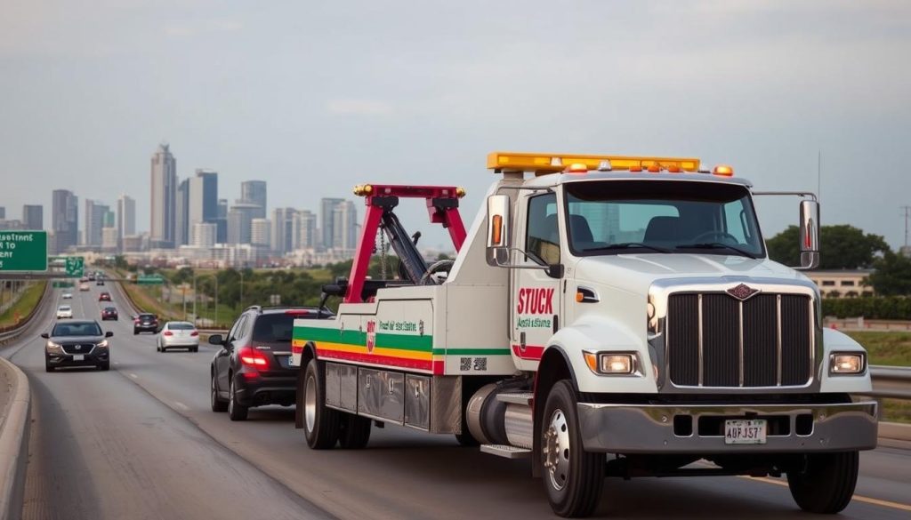 Roadside assistance tow truck helping a stranded motorist on a Killeen highway