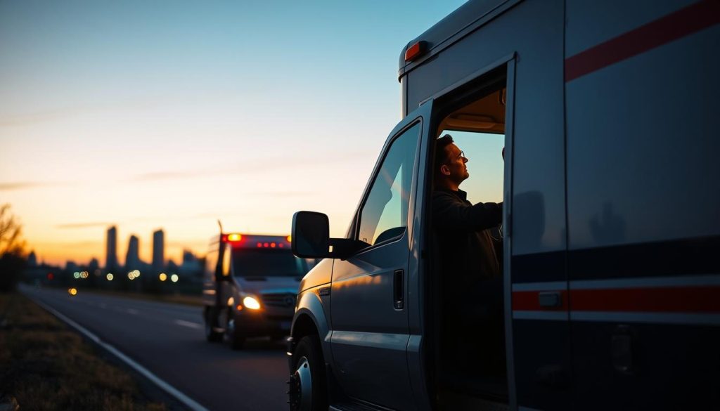Roadside assistance truck helping a stranded motorist at sunset in Huntsville, Alabama