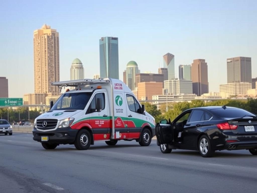 Roadside assistance truck helping a stranded motorist in downtown Dallas, Texas