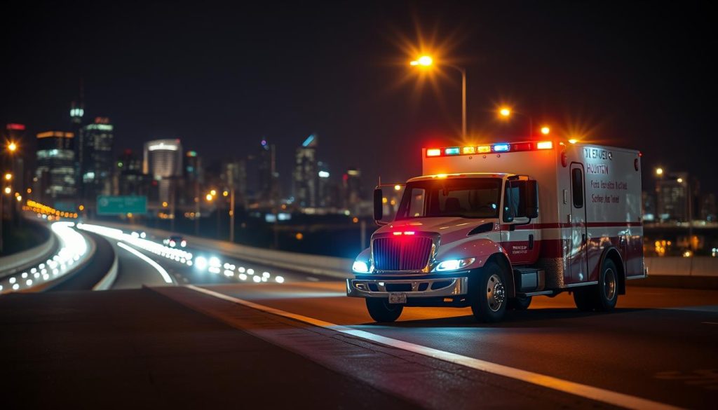 Roadside assistance vehicle helping stranded motorist in Houston at night