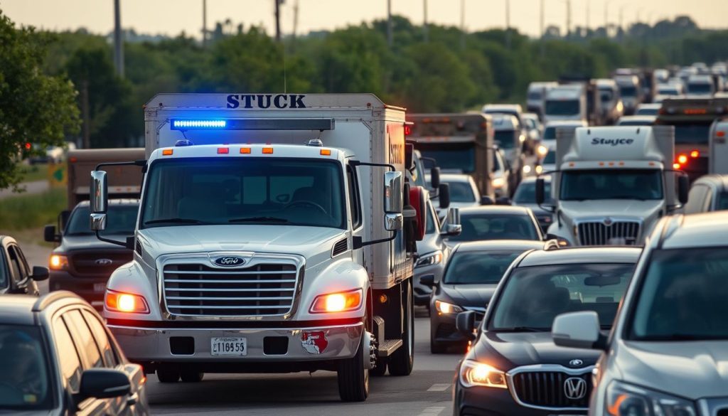Roadside assistance vehicle navigating through Fort Hood traffic in Killeen