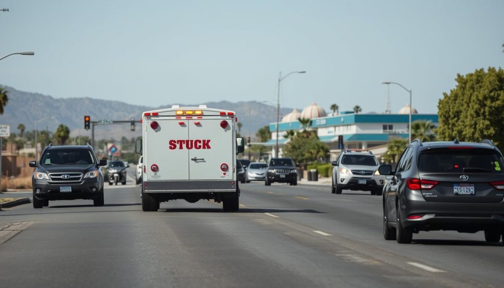 Roadside assistance vehicle quickly responding to an emergency call in Jurupa Valley