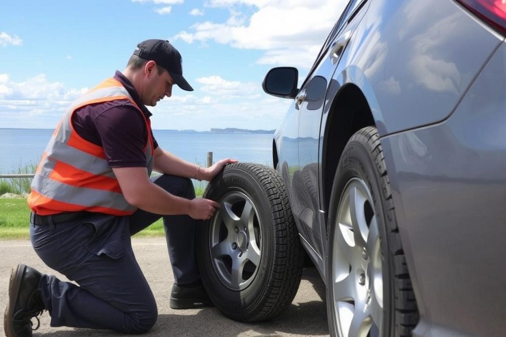 Roadside technician changing a flat tire near Lake Ray Hubbard