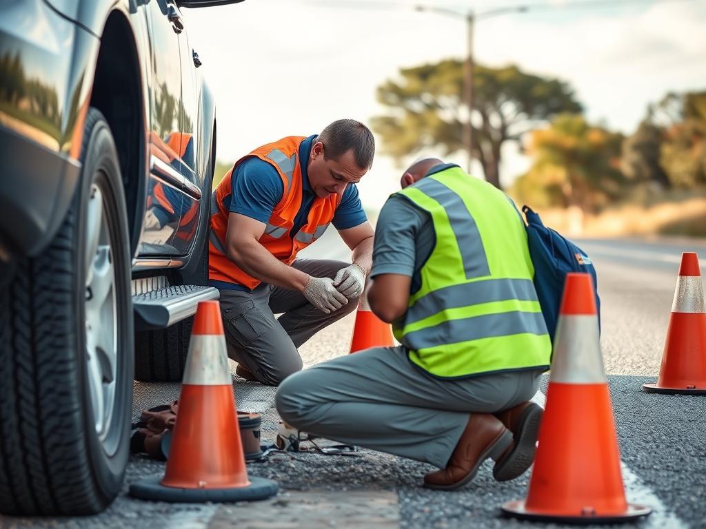 Roadside technician changing flat tire in New Braunfels, Texas