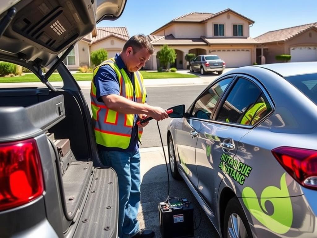 Roadside technician jump-starting a car battery in a Jurupa Valley neighborhood