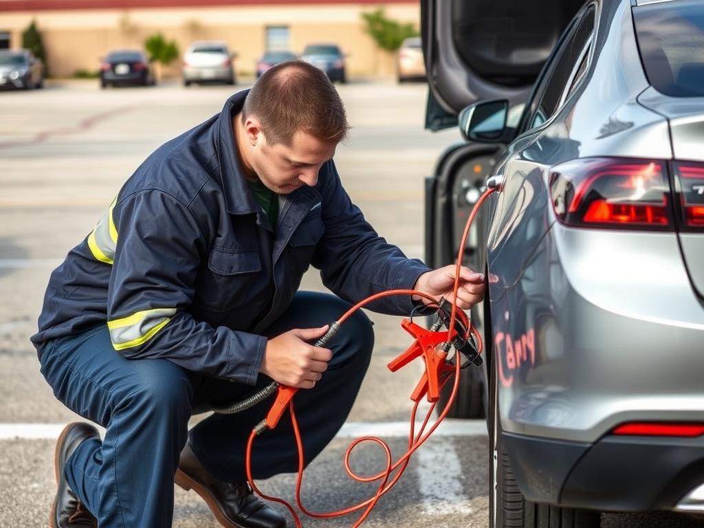 Roadside technician jump-starting a dead battery in Waco