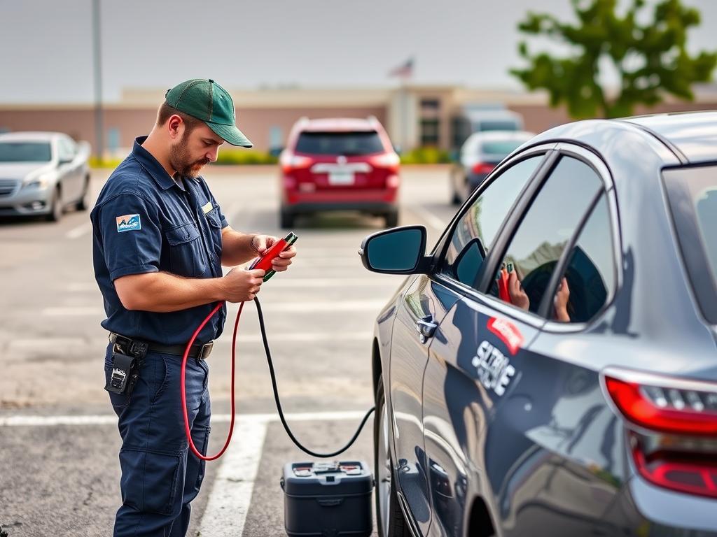 Roadside technician jump-starting a vehicle battery in Baton Rouge
