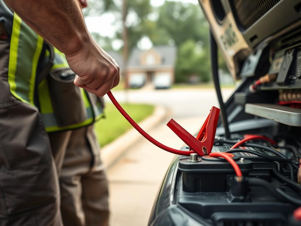 Roadside technician performing battery jump start in Decatur, Alabama