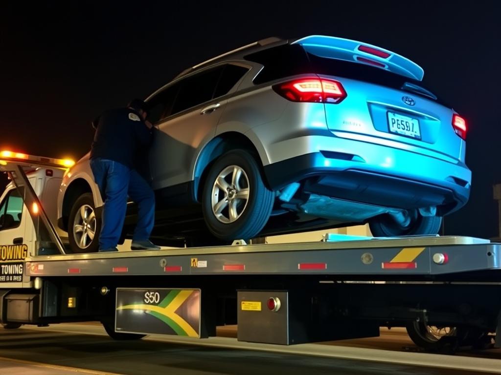 SUV being safely loaded for $50 towing service in Akron